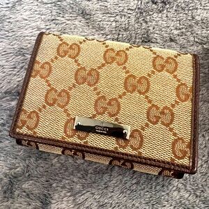 Gucci Beige/Brown GG Canvas and Leather Flap Card Holder/Wallet